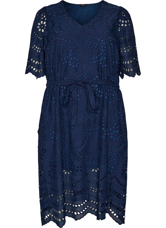 Hemdblusenkleid aus Broderie Anglaise mit Bindeg&uuml;rtel, Blau, Packshot image number 0