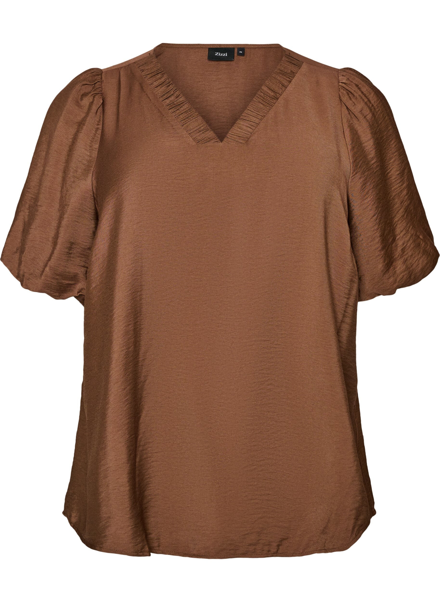 ZizziBluse mit Ballon&auml;rmeln und V-Ausschnitt, Braun, Packshot image number 0