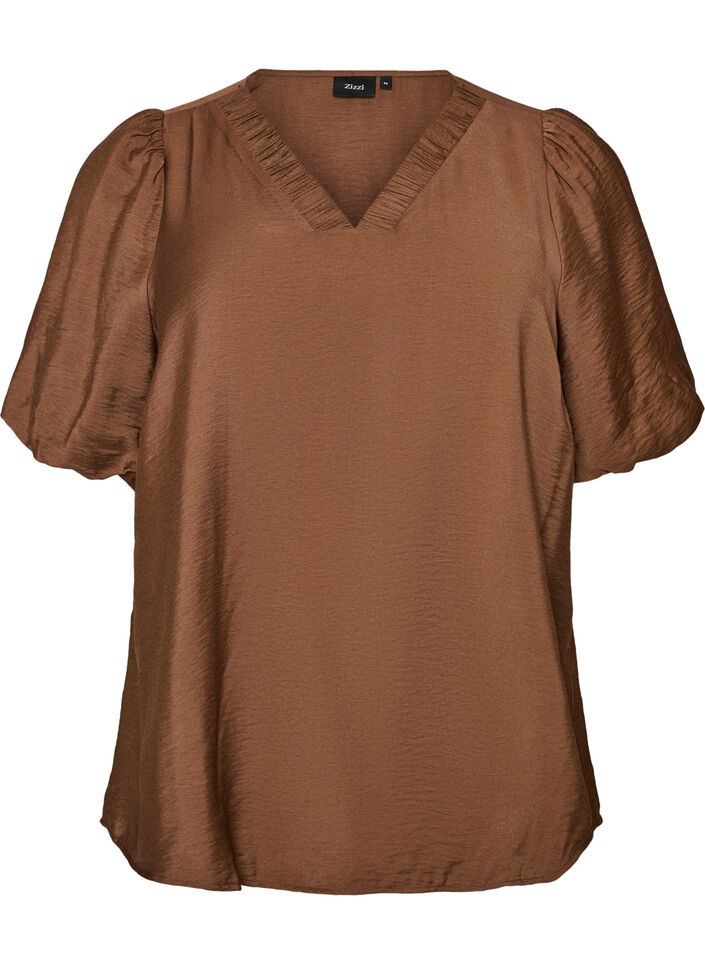 Bluse mit Ballon&auml;rmeln und V-Ausschnitt, Braun, Packshot image number 0