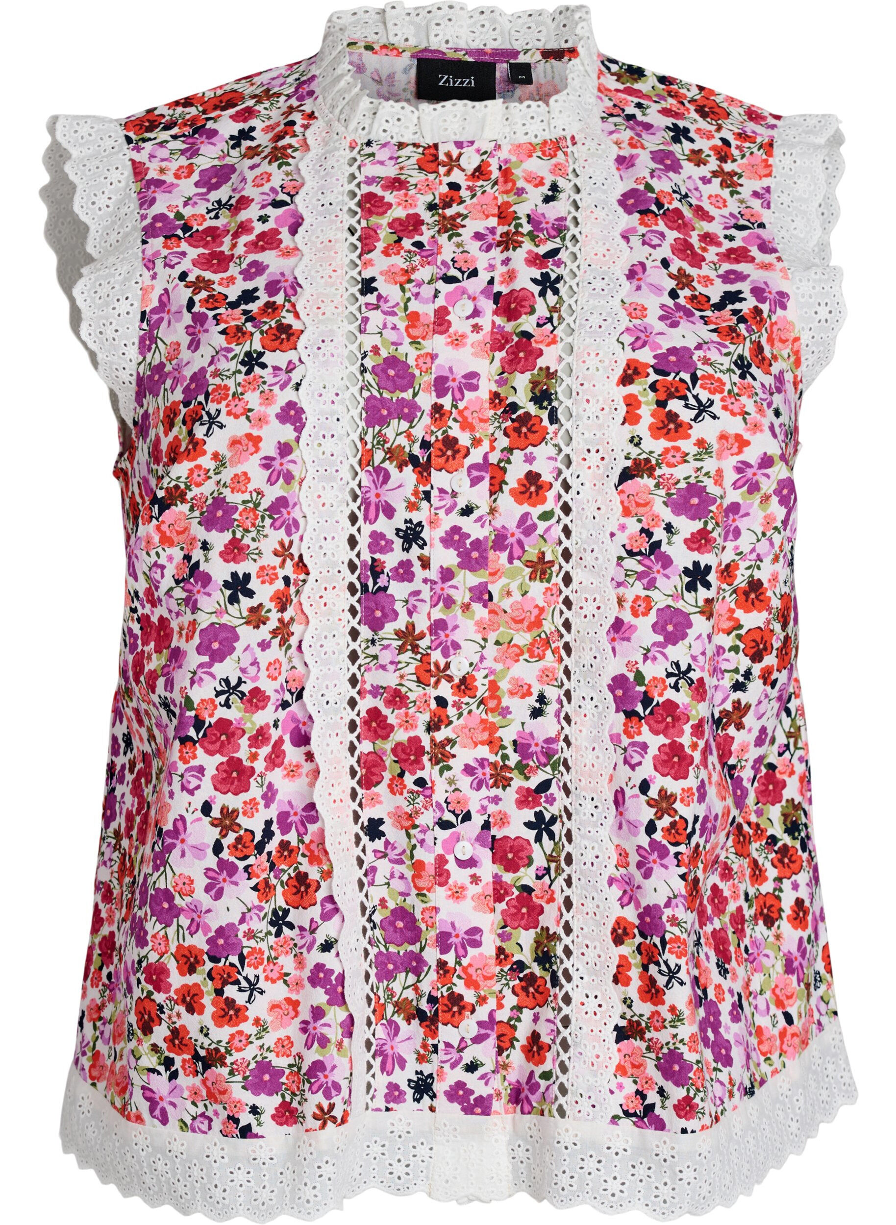 Zizzi &Auml;rmellose Bluse aus Baumwolle mit Blumenprint und Broderie Anglaise, Pink, Packshot image number 0