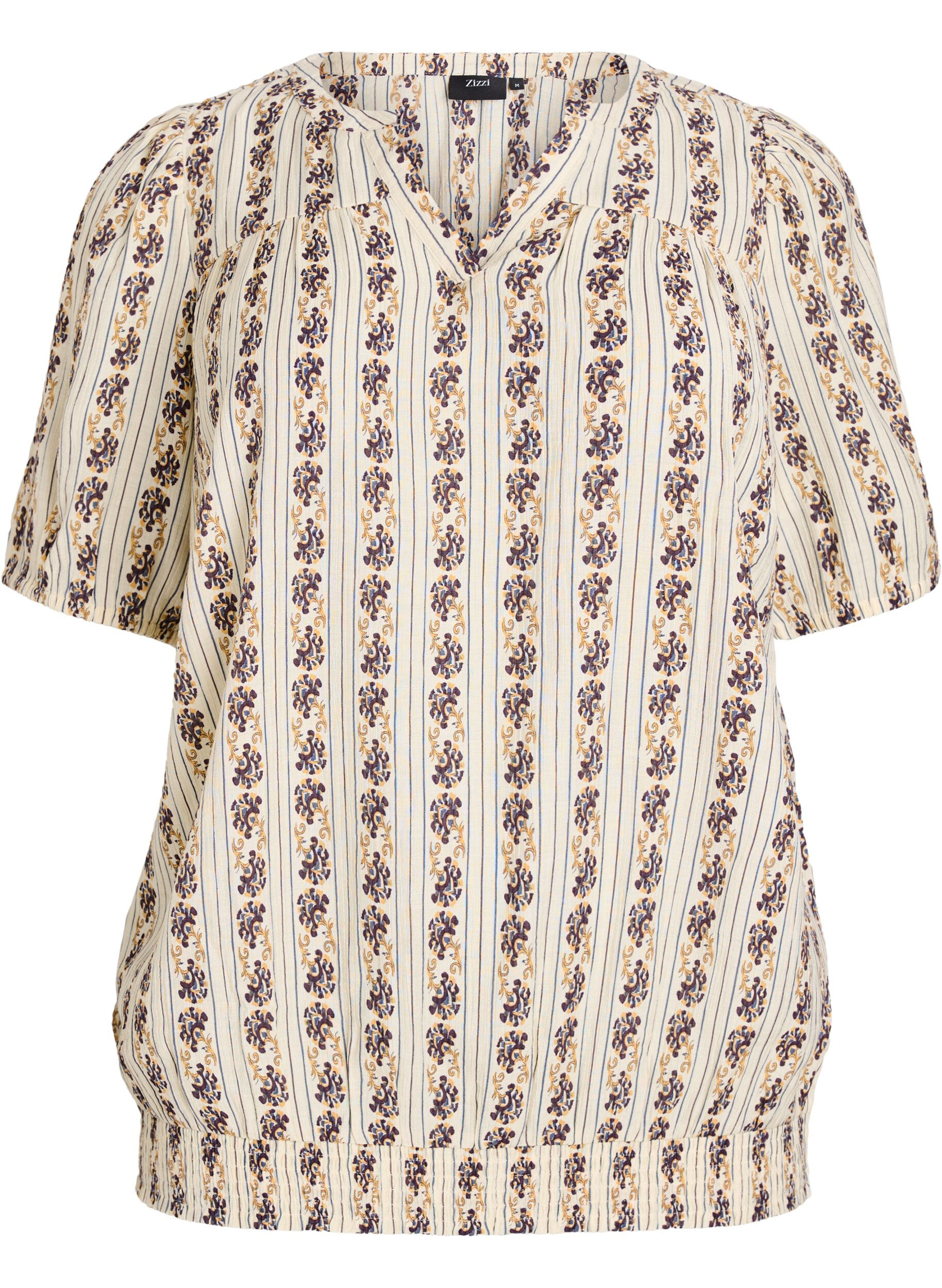 Zizzi Blouse imprim&eacute;e avec ourlet smock&eacute;, Egret AOP, Packshot image number 0