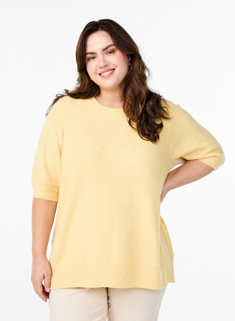 Blouse en maille avec manches courtes, Jaune clair, Model image number 0