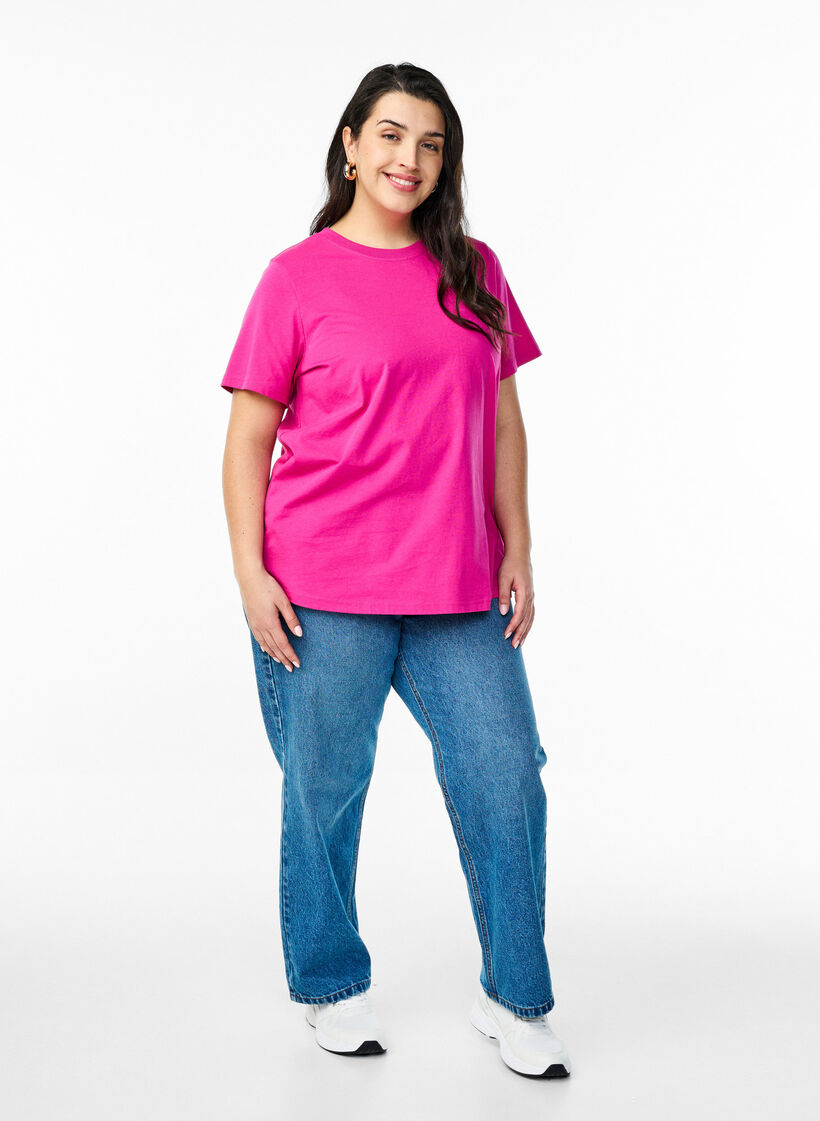T-shirt basique en coton &agrave; col rond, Rose, Model image number 1