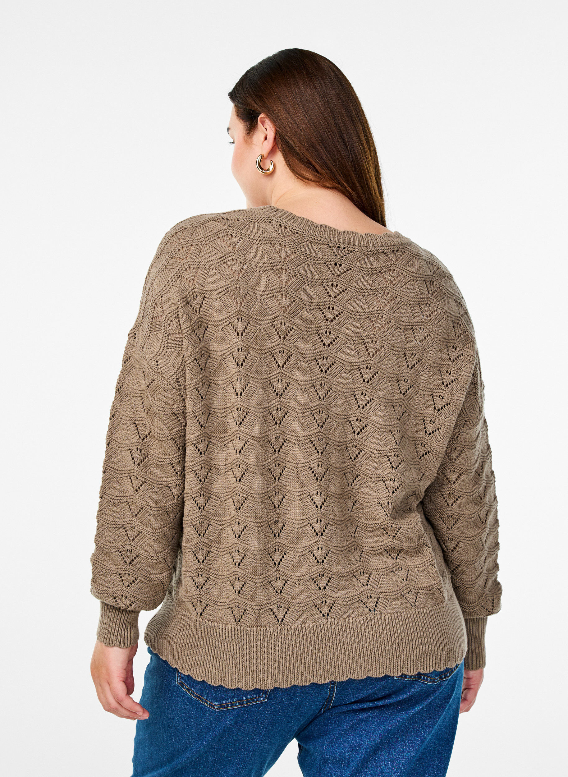 Zizzi Strickbluse mit Lochmuster und langen &Auml;rmeln, Desert Taupe, Model image number 1
