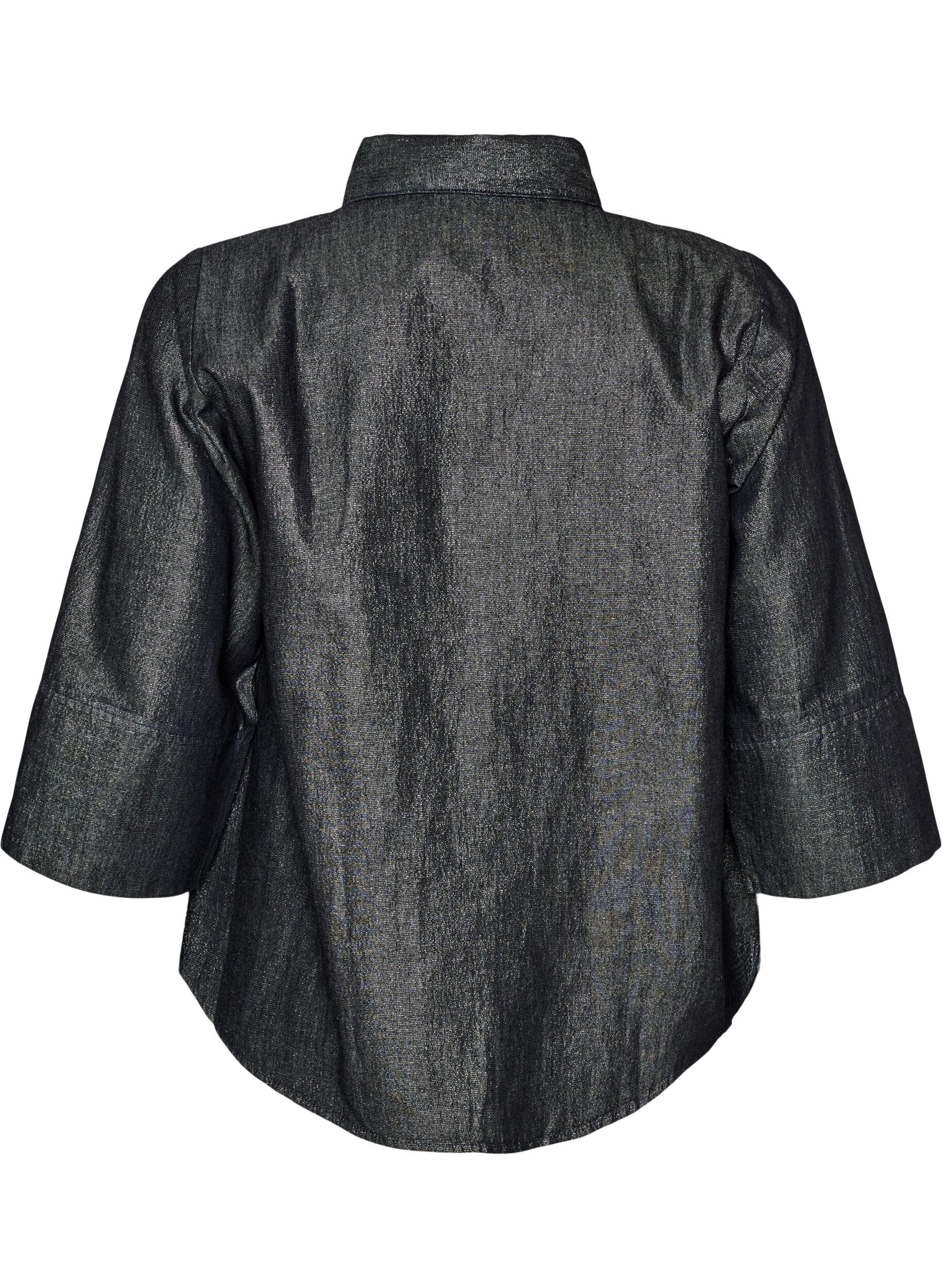 ZizziDenimbluse mit Glitzerfaden und 3/4-&Auml;rmeln, Grau, Packshot image number 1