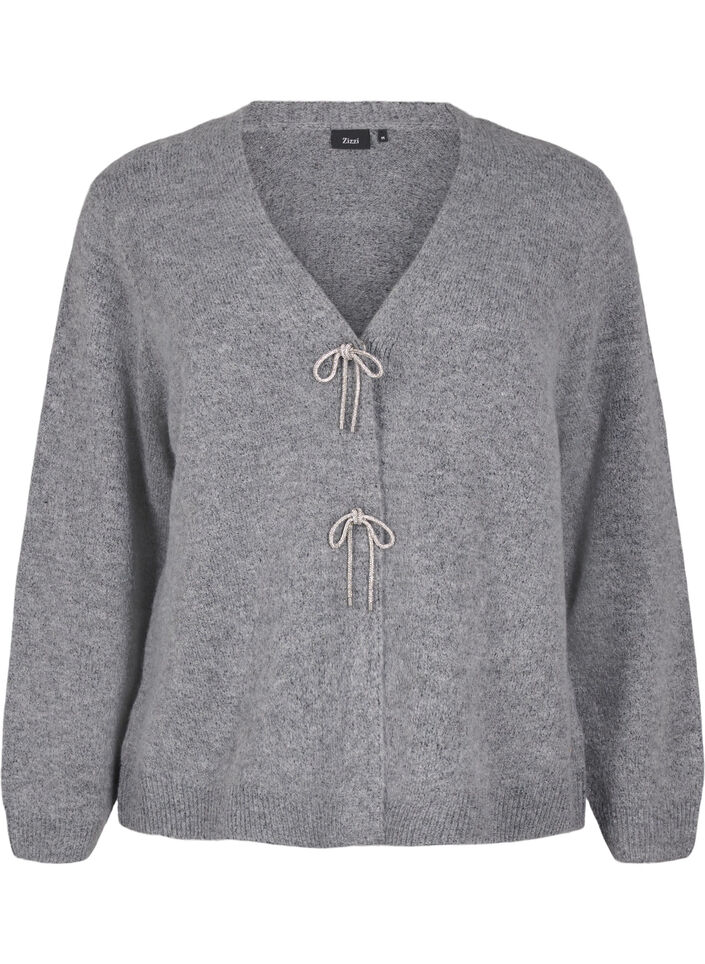 Cardigan tricoté avec un nœud en argent, Medium Grey Melange, Packshot image number 0