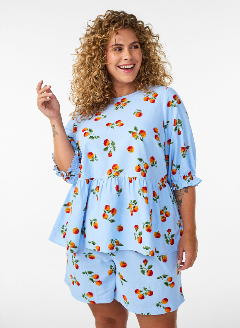 Short taille haute en coton &agrave; imprim&eacute; tomates, Bleu Clair, Model image number 3