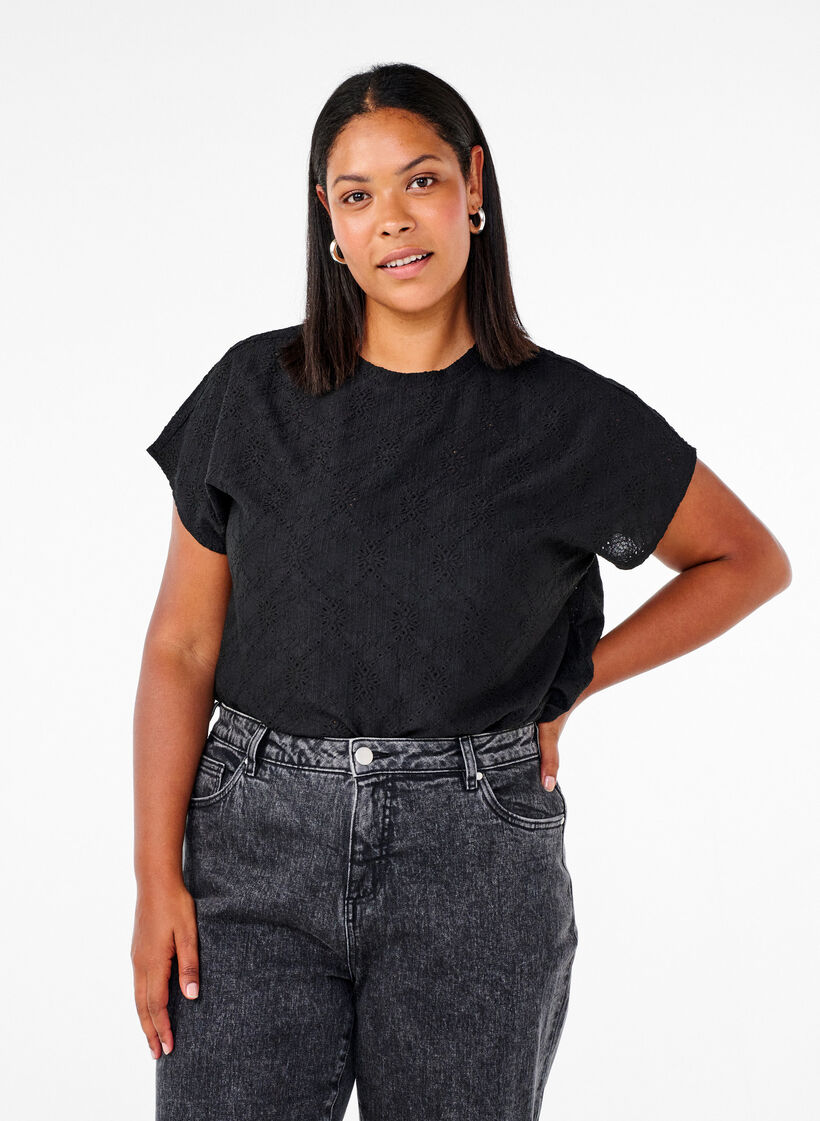 Bluse mit kurzen Ärmeln und floralen Stickereien, Black, Model image number 0