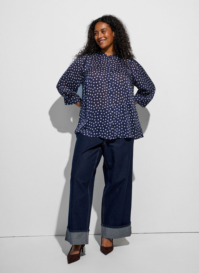 Gemusterte Bluse mit Stehkragen und 3/4-&Auml;rmeln, Blau, Model image number 1