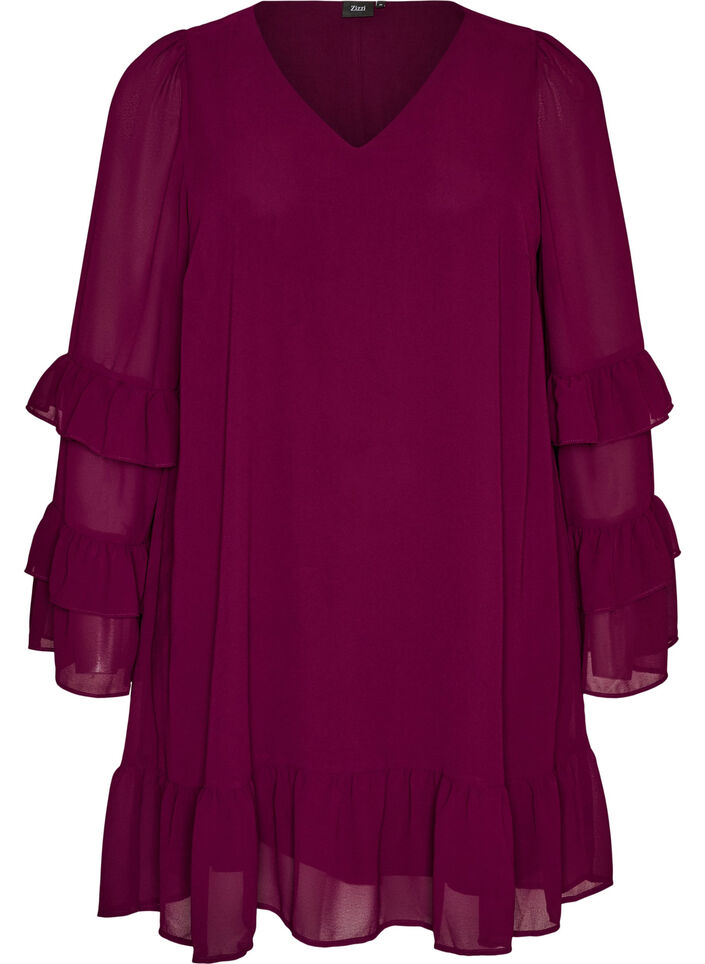 Kurzes Kleid mit transparenten R&uuml;schen&auml;rmeln, Lila, Packshot image number 0