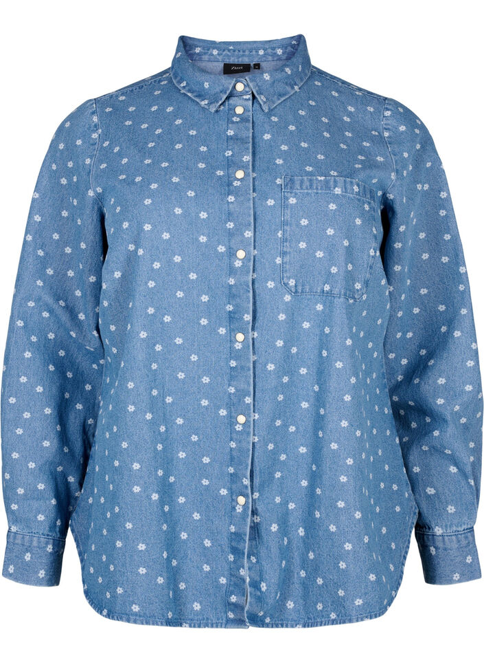 Chemise en jean florale avec une poche de poitrine, Light Blue w.Flowers, Packshot image number 0