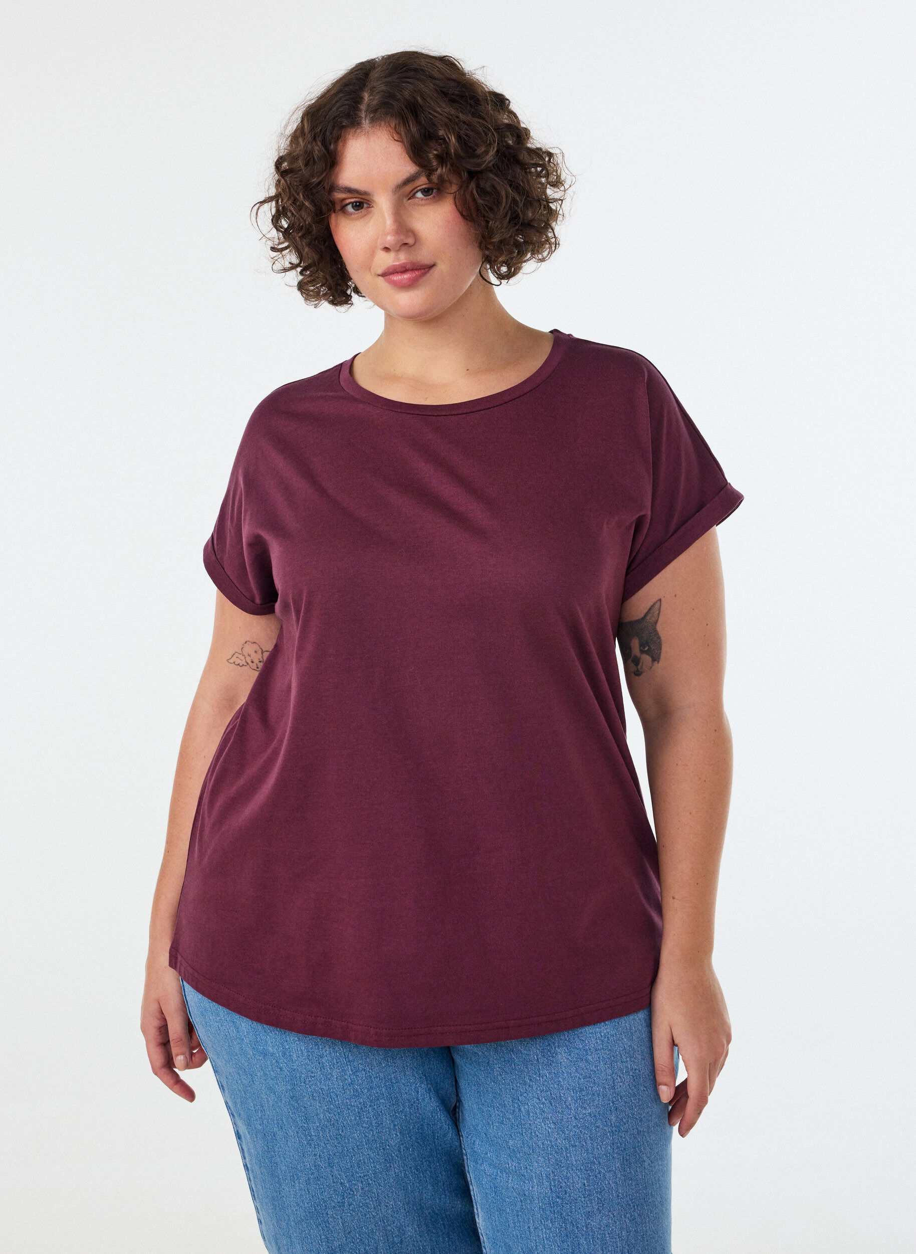 T-shirt &agrave; manches courtes en coton m&eacute;lang&eacute;, Bordeaux, Model