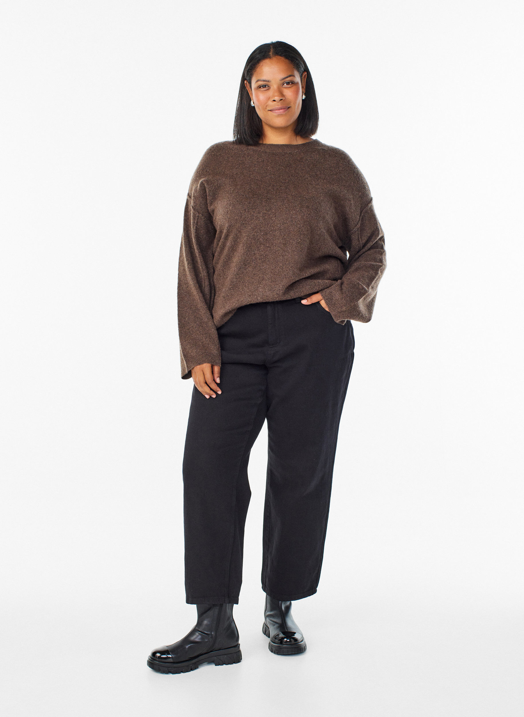 ZizziPull ample en maille avec coutures apparentes, Marron, Model image number 1