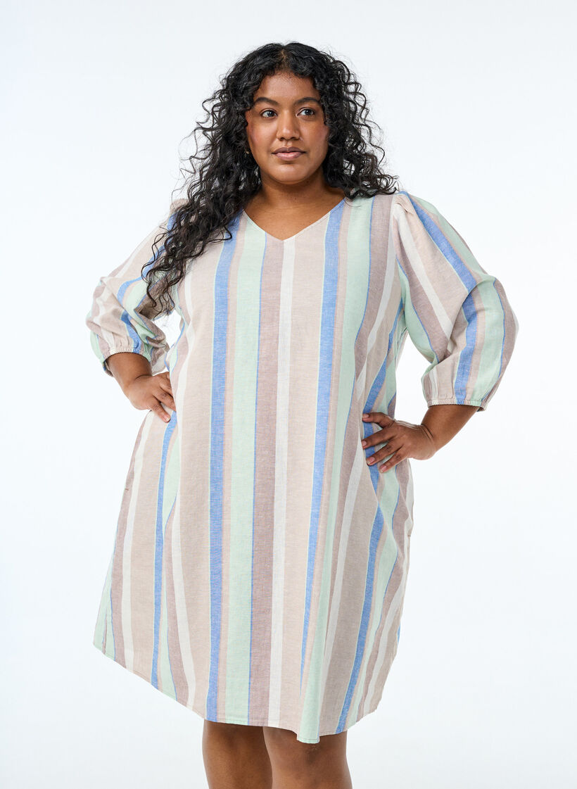 Kleid aus Leinen und Viskose mit 3/4-&Auml;rmeln, Blau, Model image number 0