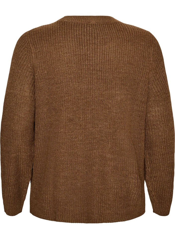 Blouse en maille c&ocirc;tel&eacute;e avec d&eacute;tails de boutons, Marron, Packshot image number 1