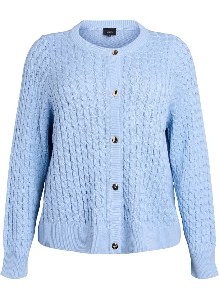 Cardigan en maille torsad&eacute;e avec boutons dor&eacute;s, Bleu, Packshot image number 0