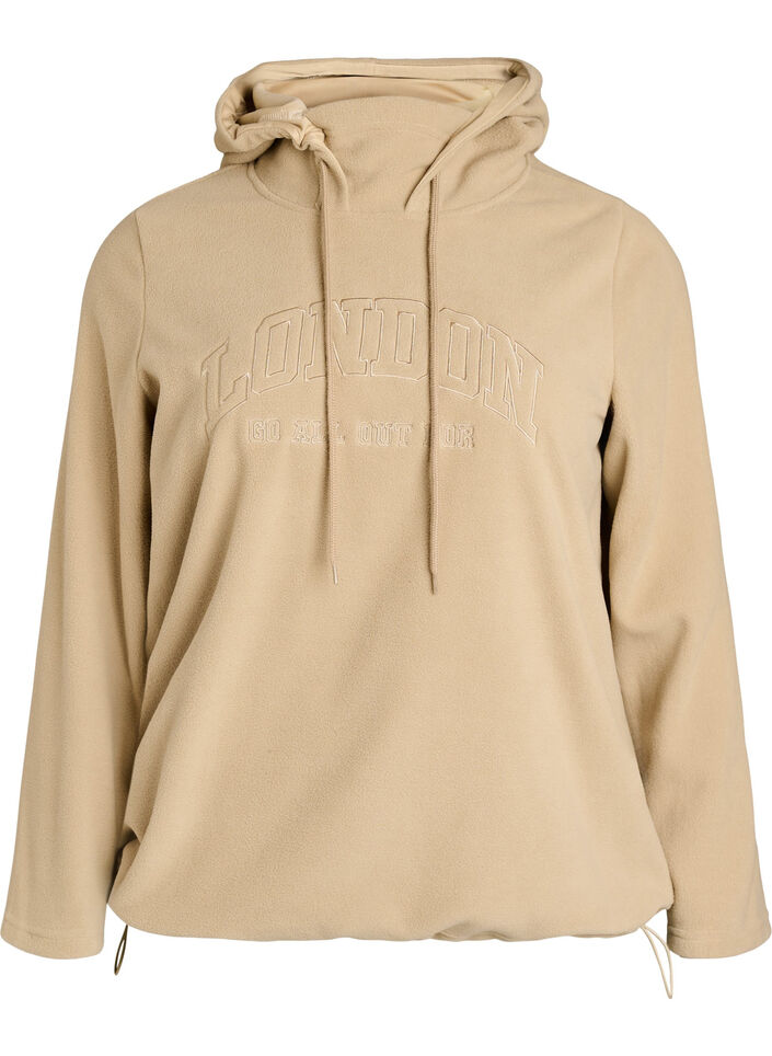 Sweat &agrave; capuche en polaire avec col montant et texte brod&eacute;, Beige, Packshot image number 0