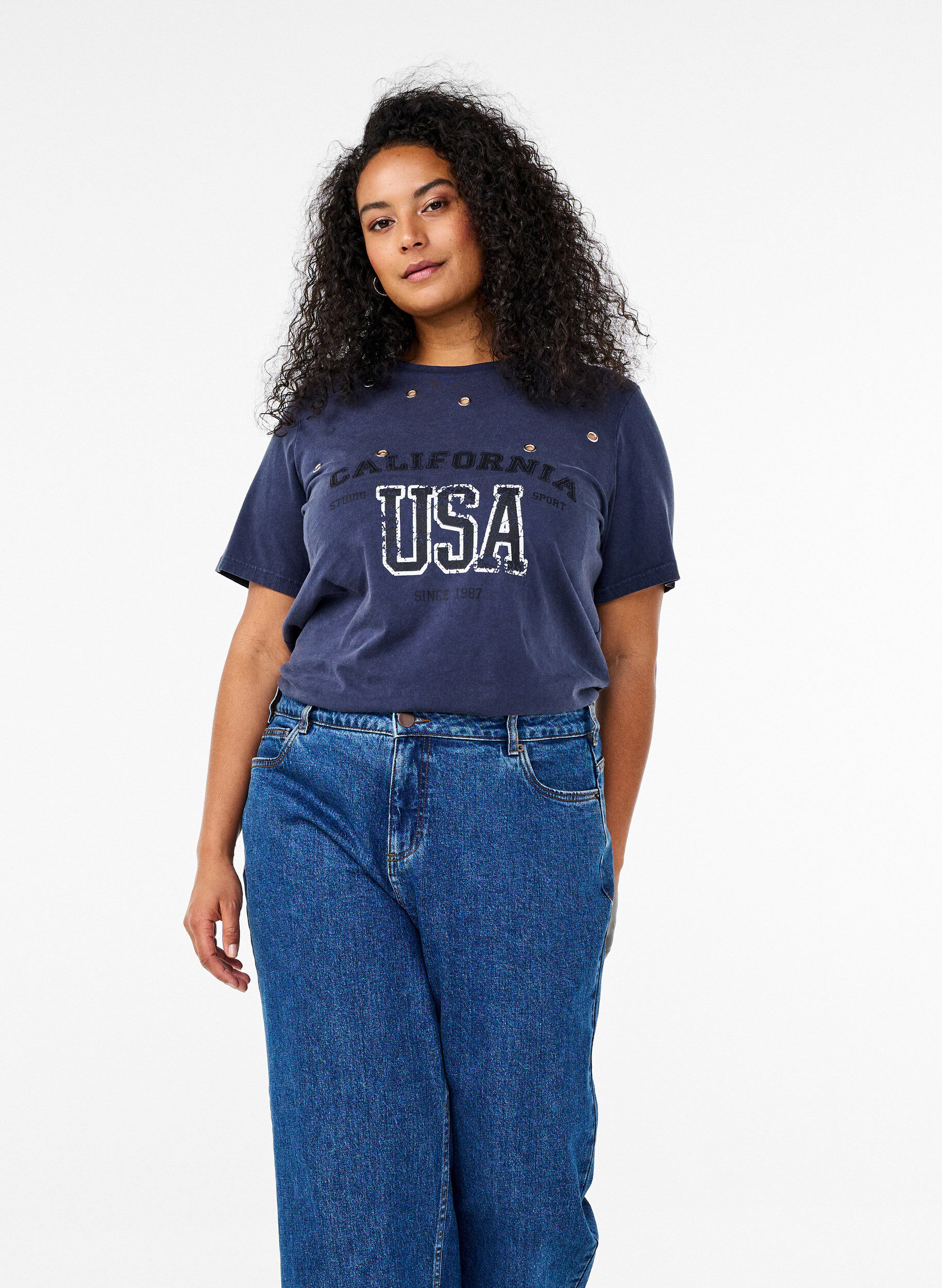 Zizzi T-Shirt mit &Ouml;sen und Print, Navy Washed , Image image number 0