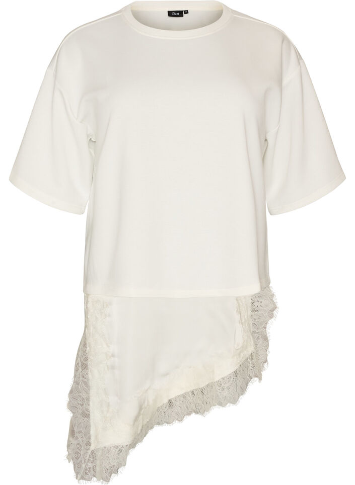 Jerseybluse im Lagenlook mit Spitze, Vanille, Packshot image number 0