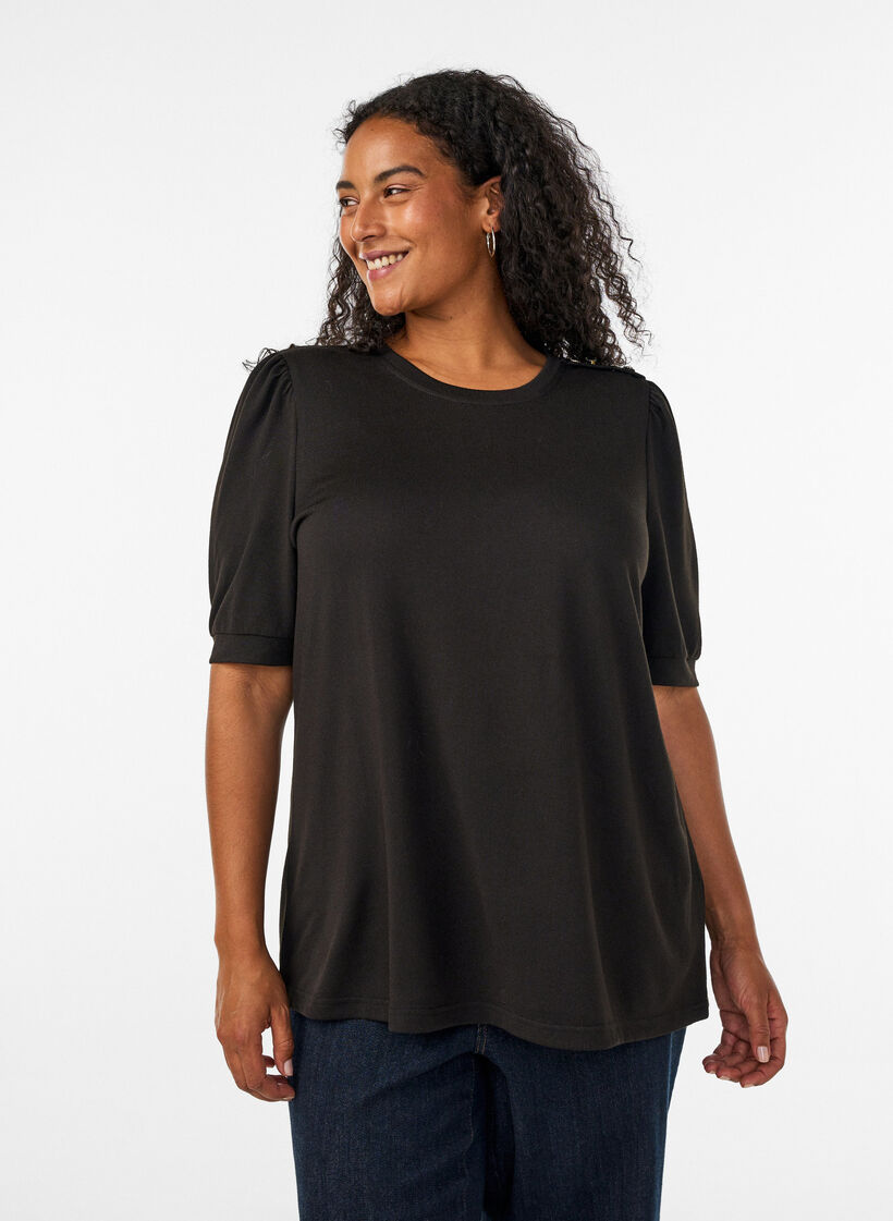 Bluse mit Knopfdetail und kurzen Puff&auml;rmeln, Schwarz, Model image number 0