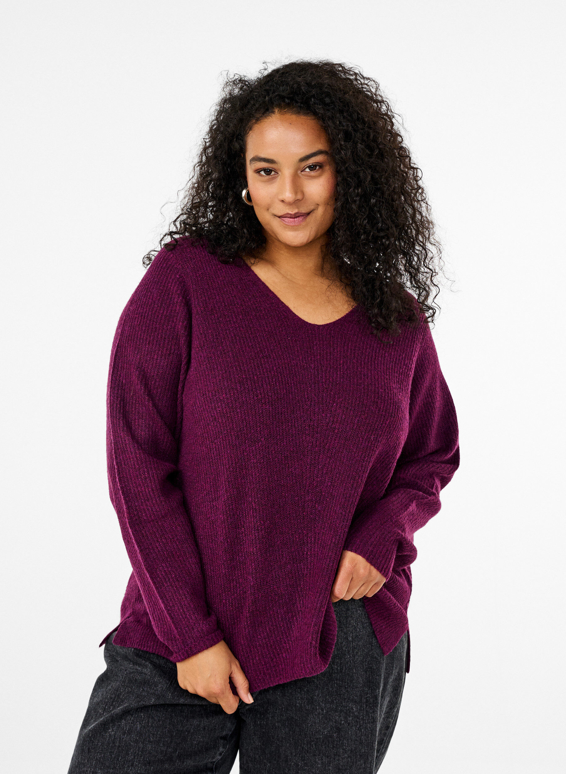 Zizzi Strickbluse mit V-Ausschnitt und langen &Auml;rmeln, Potent P. Black Mel., Model image number 0