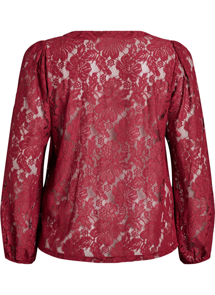 Blouse en dentelle avec ouverture devant et liens à nouer, Bordeaux foncé, Packshot image number 1