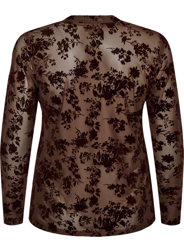 Bluse aus Mesh mit gebl&uuml;mtem Muster, Braun, Packshot image number 1