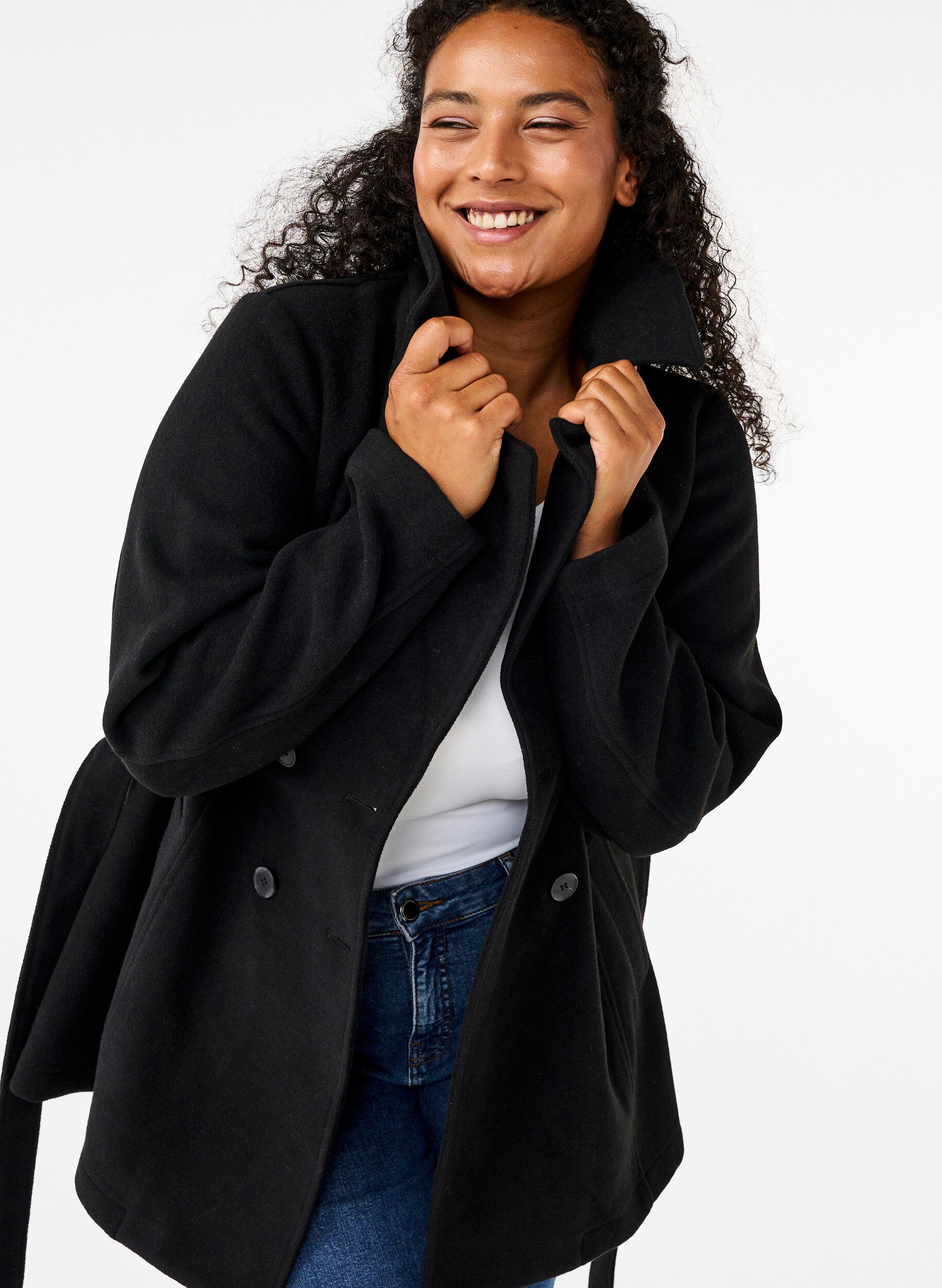 Zizzi Kurze Wolljacke mit G&uuml;rtel, Black, Image image number 0