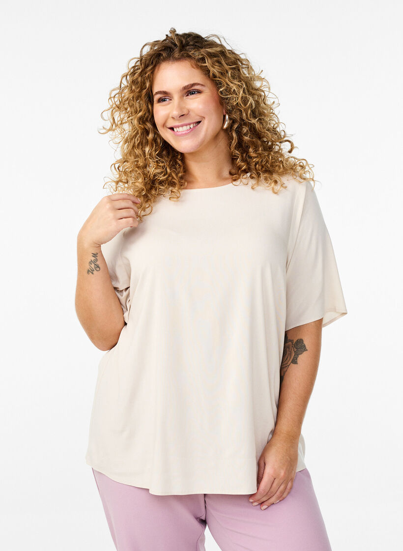 FLASH – Kurzärmelige, gewebte Bluse mit Rundhals, Beige, Model image number 0