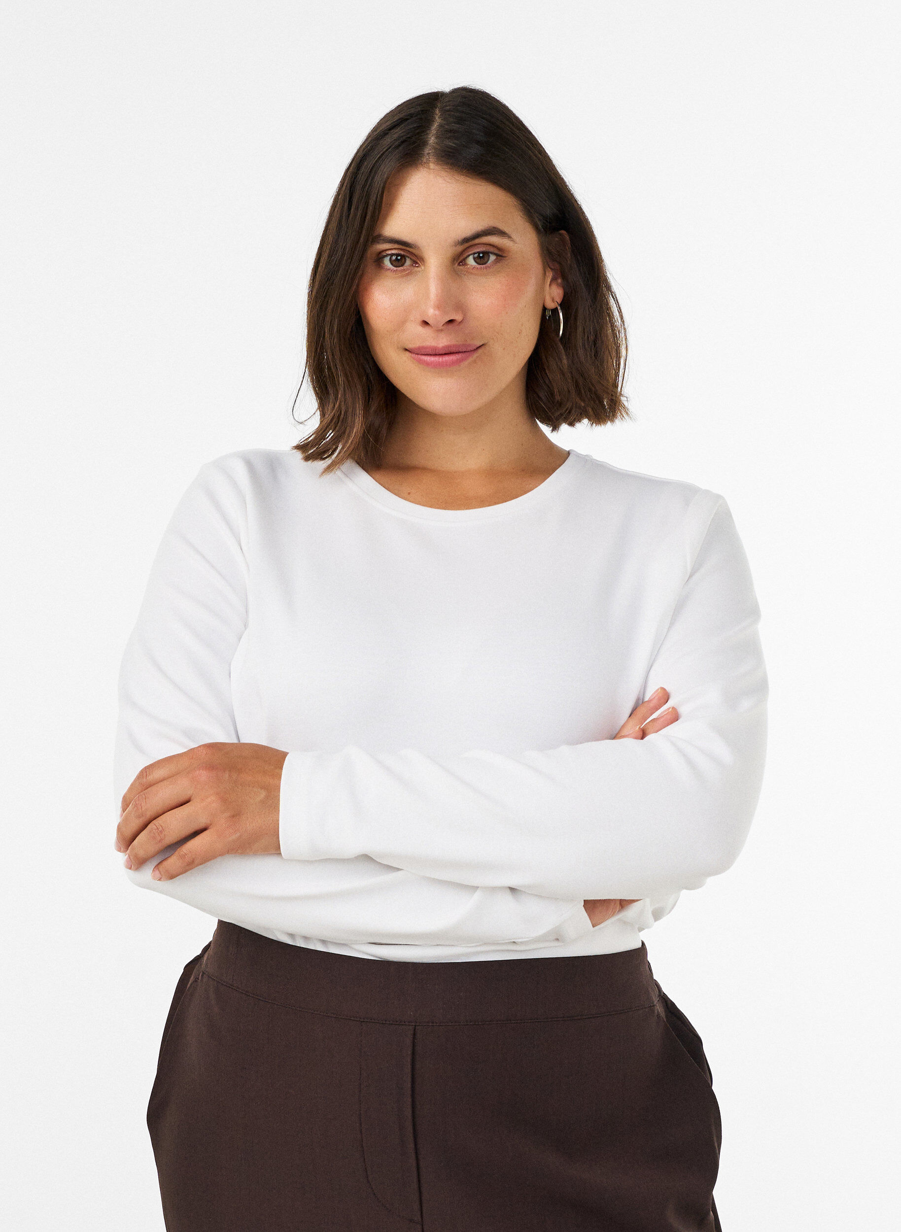 ZizziLangarm-Basic-T-Shirt mit Rundhalsausschnitt, Wei&szlig;, Model image number 0