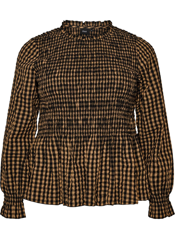 Karierte Bluse mit Smock und Sch&ouml;&szlig;chen, Braun, Packshot image number 0