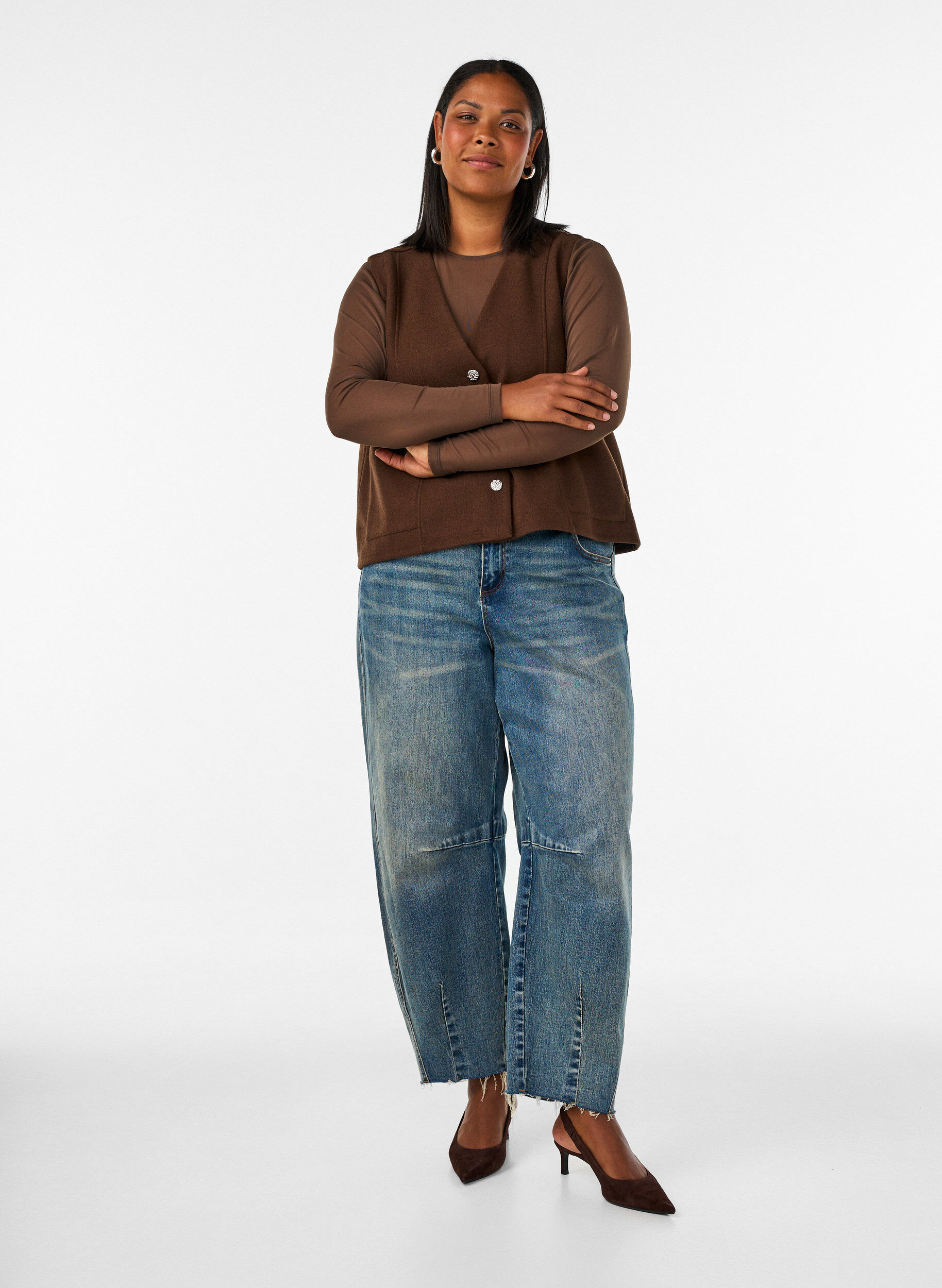 ZizziMeshbluse mit langen &Auml;rmeln, Braun, Model image number 1