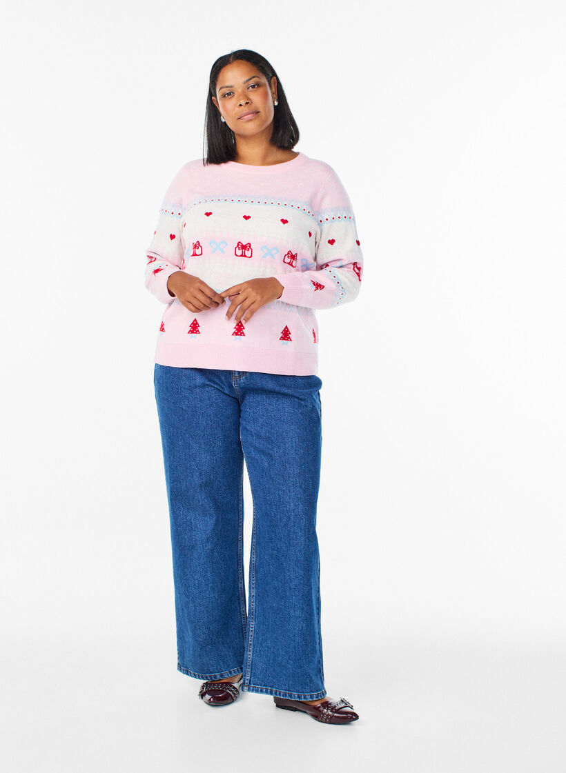 Blouse en maille avec motif de Noël, Rose, Model image number 1