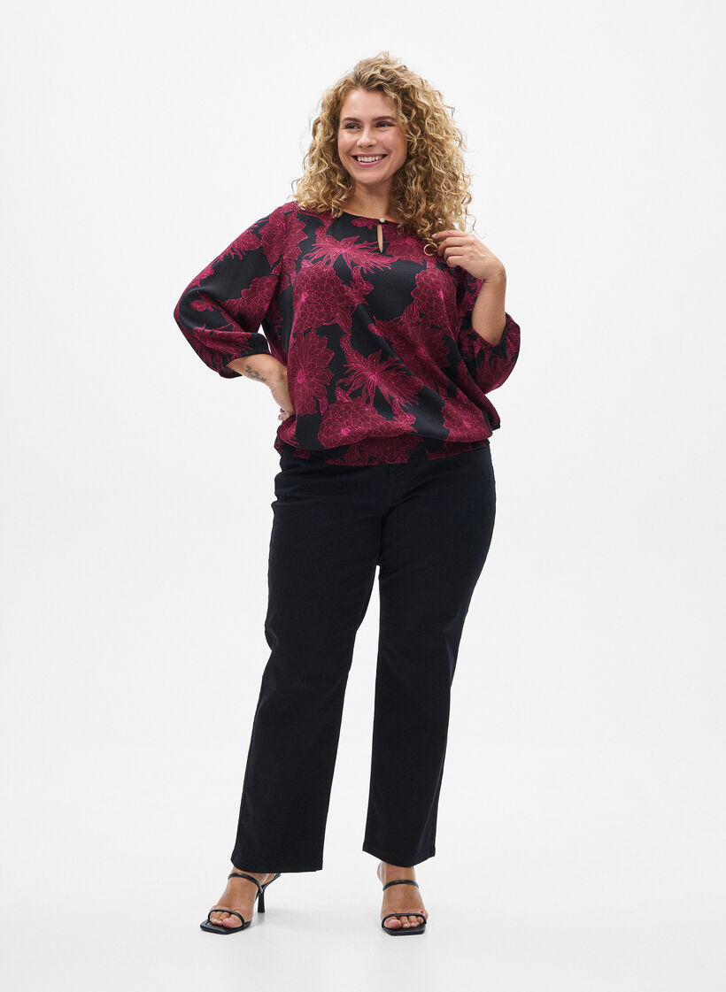 Bluse aus Viskose mit Blumenmuster und Smok, Dunkles Bordeaux, Model image number 1