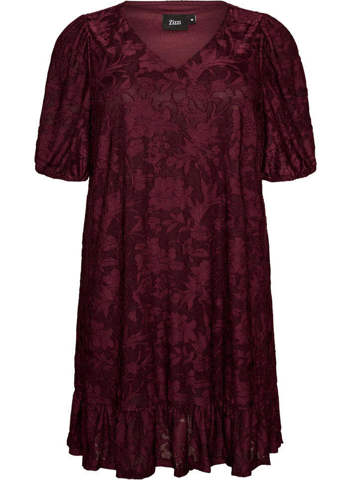 Robe &agrave; texture florale et bordure &agrave; volants, Bordeaux, Packshot image number 0