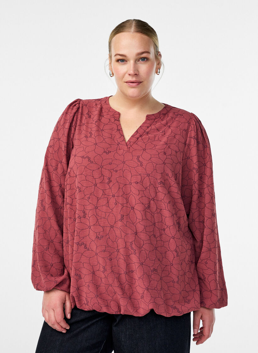 Langärmelige Bluse mit Blumenstickerei, Rot, Model image number 0