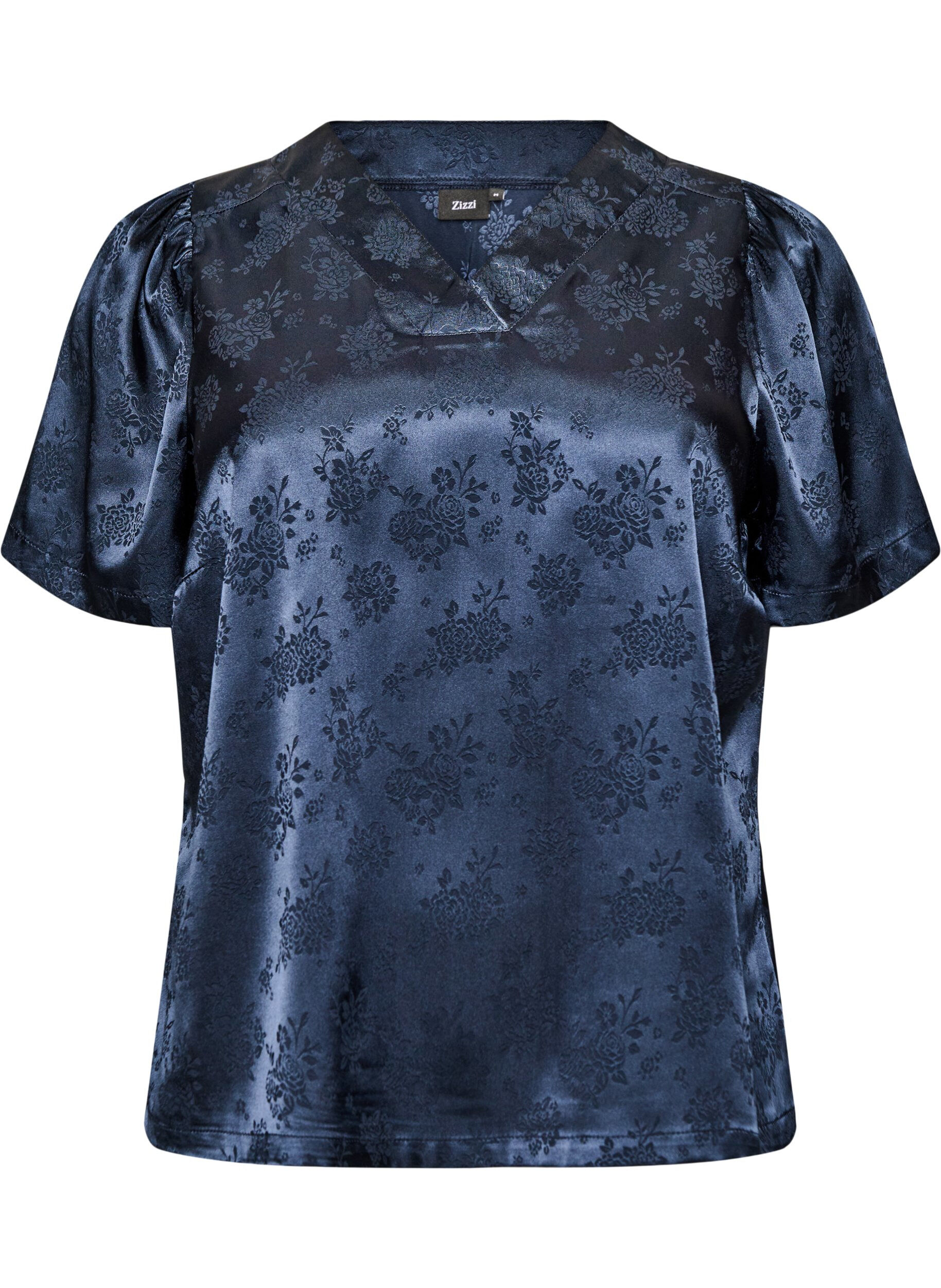 ZizziBlouse en satin &agrave; imprim&eacute; floral et col V, Bleu, Packshot image number 0