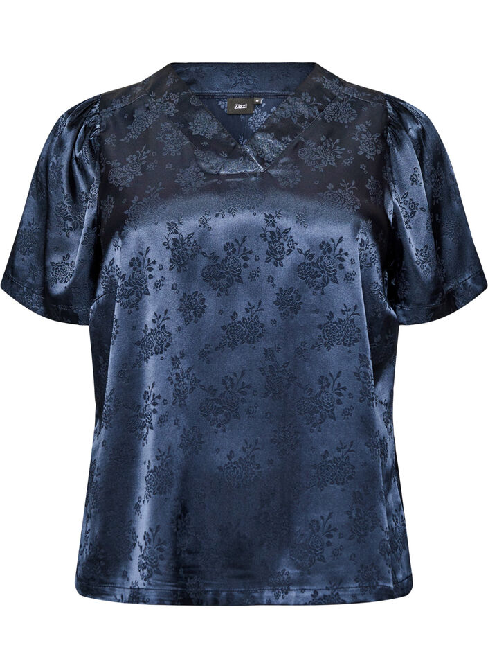 Blouse en satin &agrave; imprim&eacute; floral et col V, Bleu, Packshot image number 0