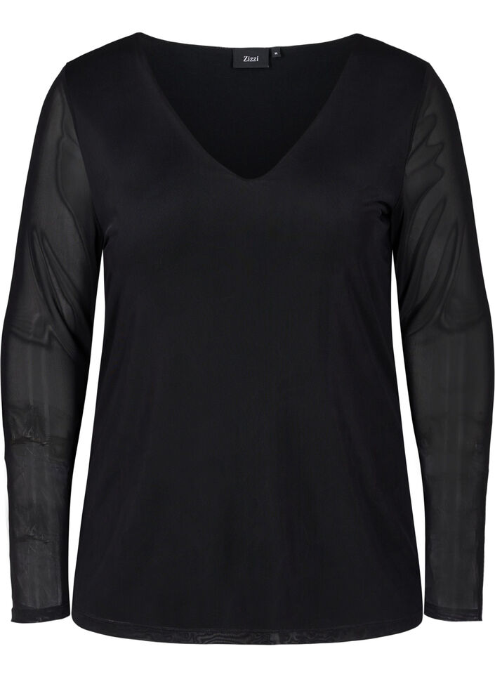Eng anliegende Netzbluse mit V-Ausschnitt, Black, Packshot image number 0