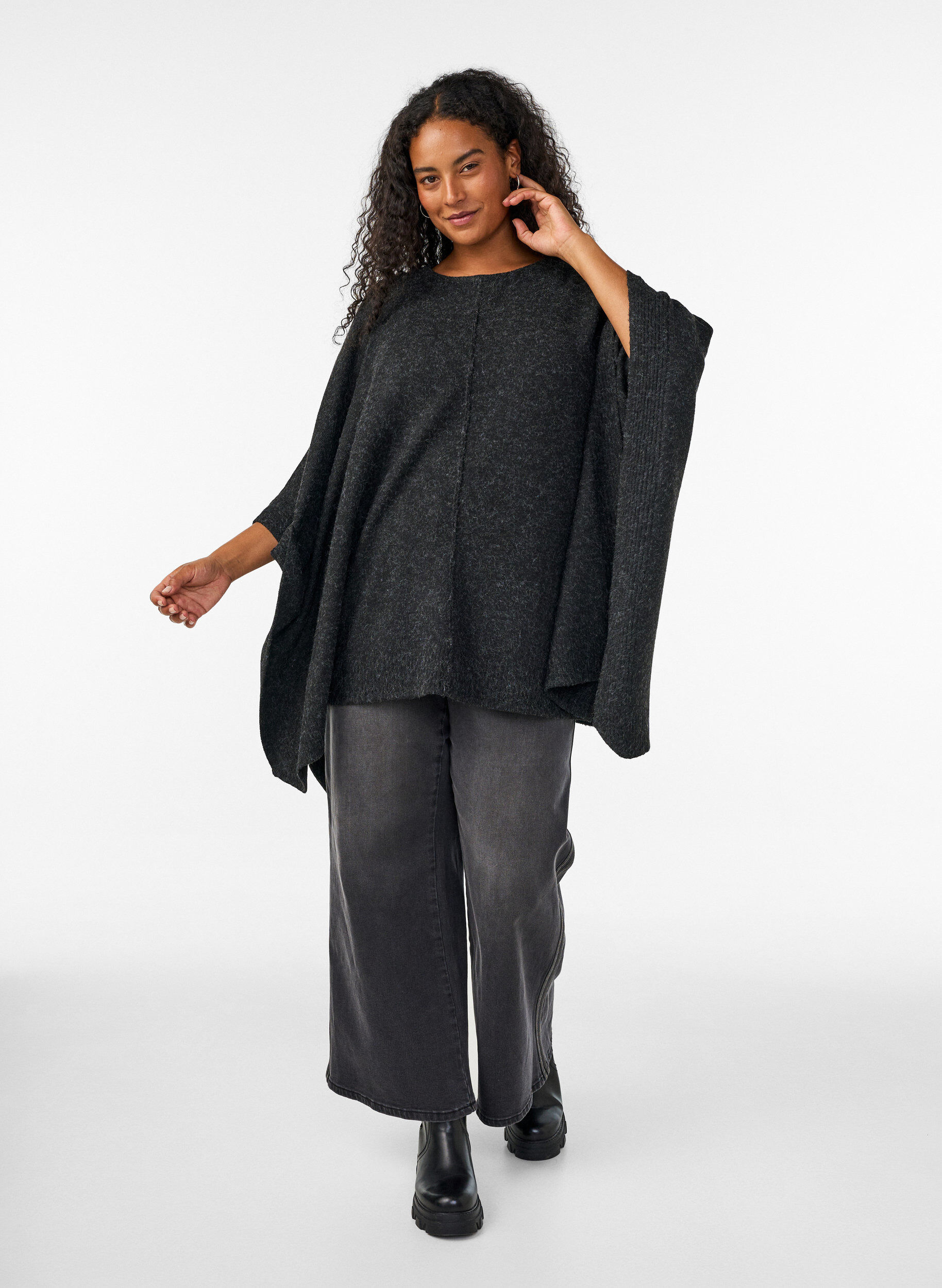 ZizziPoncho en maille &agrave; col rond, Gris anthracite, Model image number 1