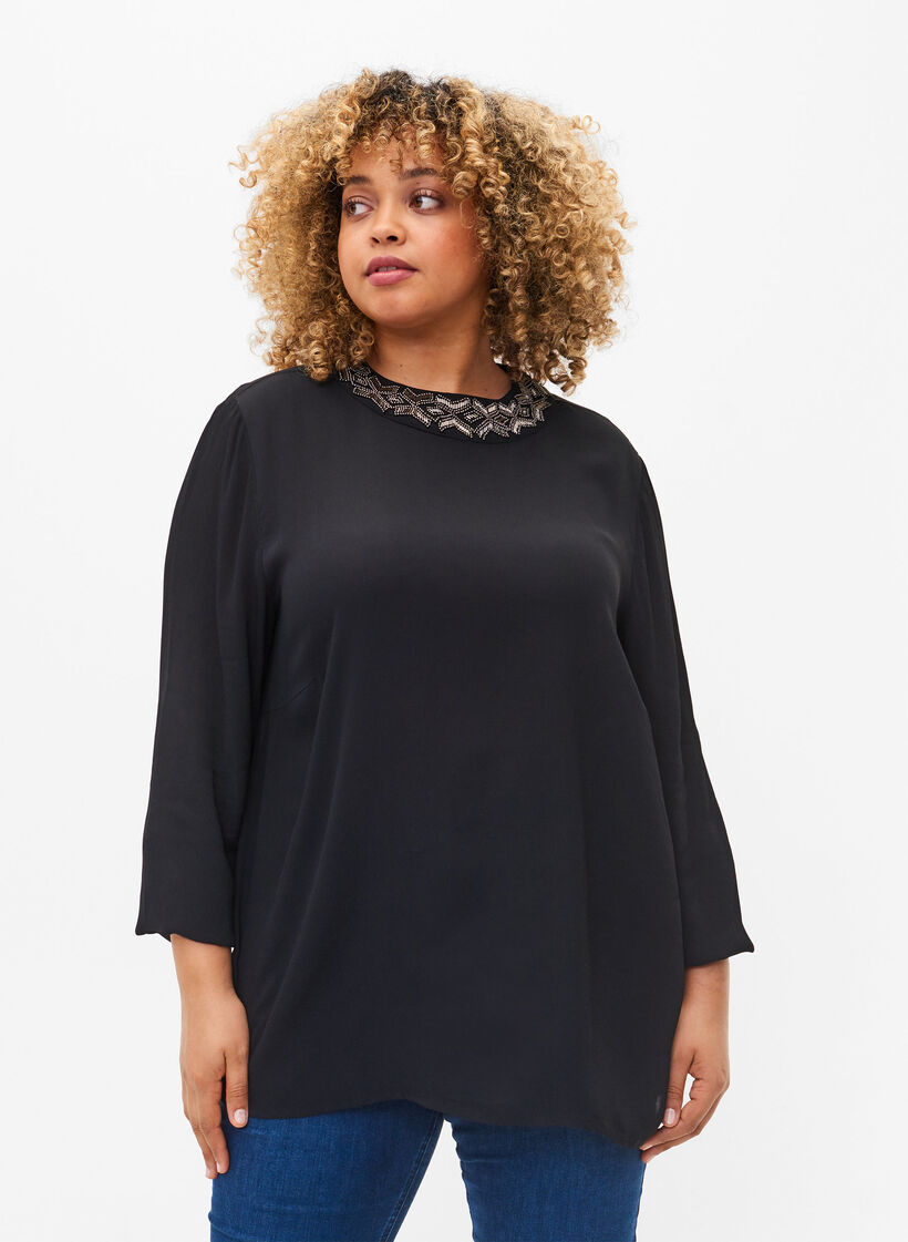 Blouse à manches longues en viscose avec perles, Black, Model image number 0