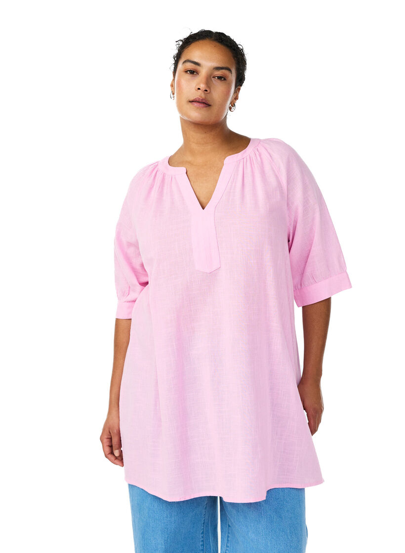 Tunika aus Baumwolle mit V-Ausschnitt, Pink, Model image number 3