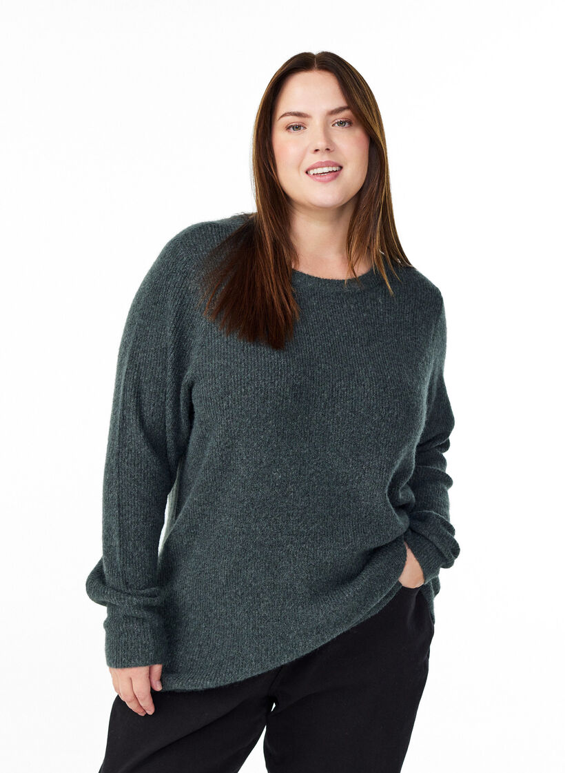 Blouse en maille chin&eacute;e &agrave; col rond, Vert fonc&eacute;, Model image number 0