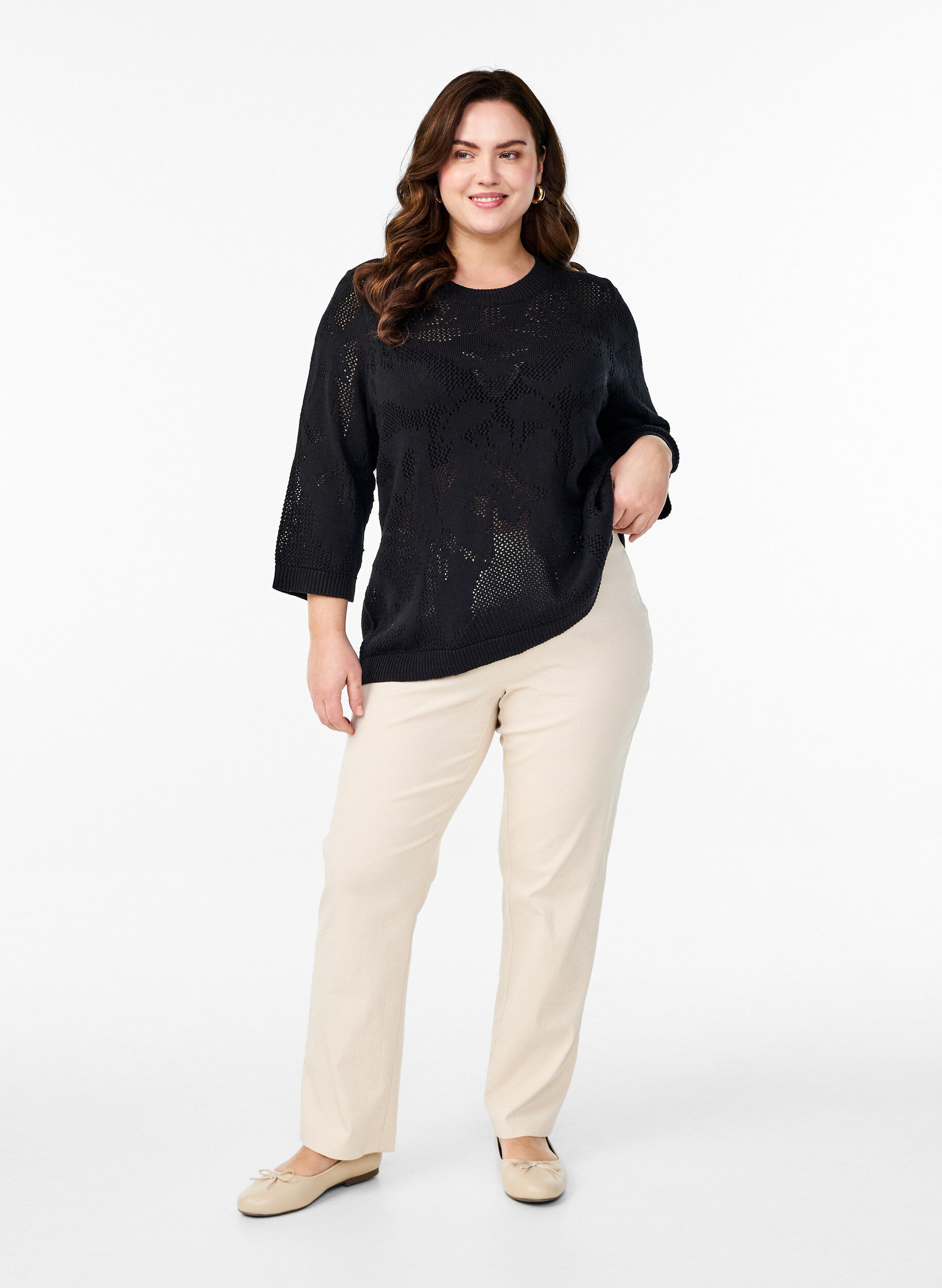 Zizzi Chemisier en maille avec motif en treillis et manches 3/4, Black, Model image number 2