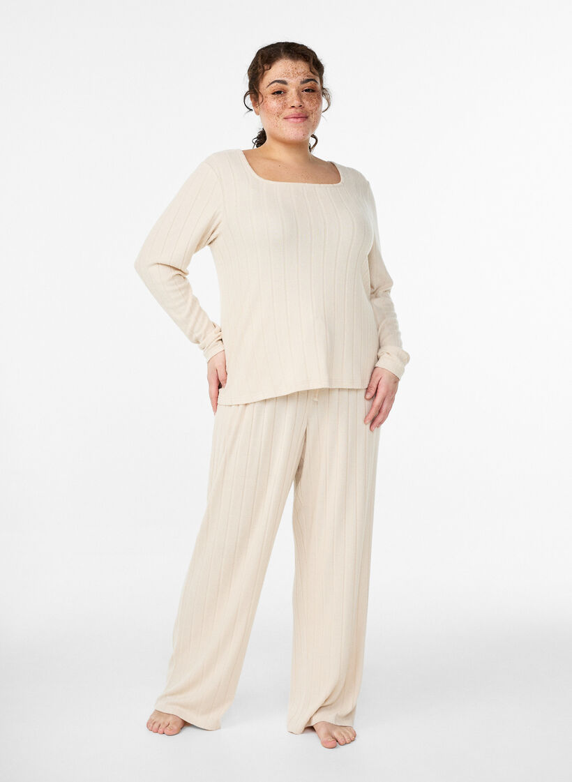 Loungehose aus geripptem Jersey mit hoher Taille, Beige, Model image number 0