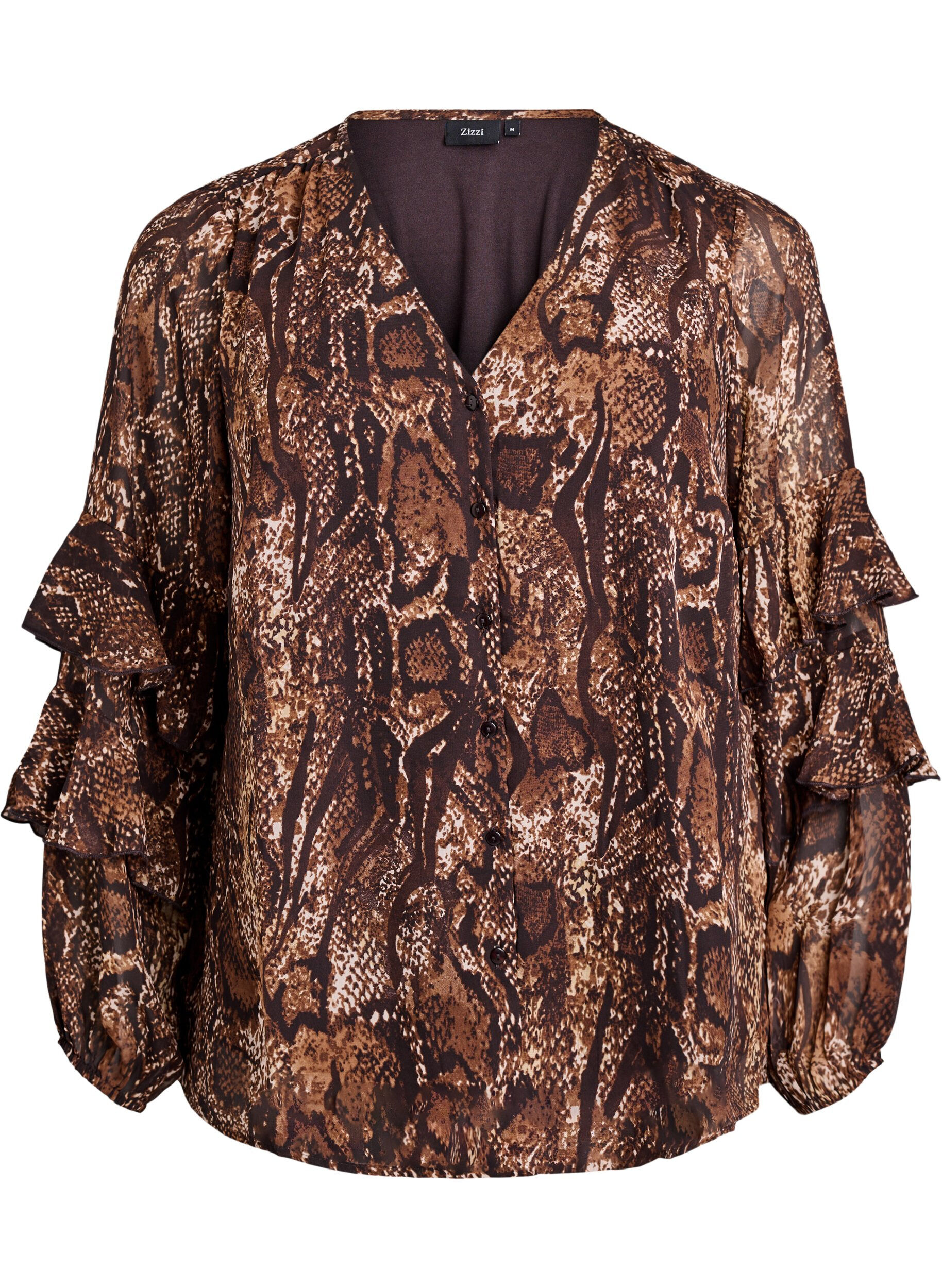 Zizzi Bluse mit Animal-Print und R&uuml;schen, Braun, Packshot image number 0