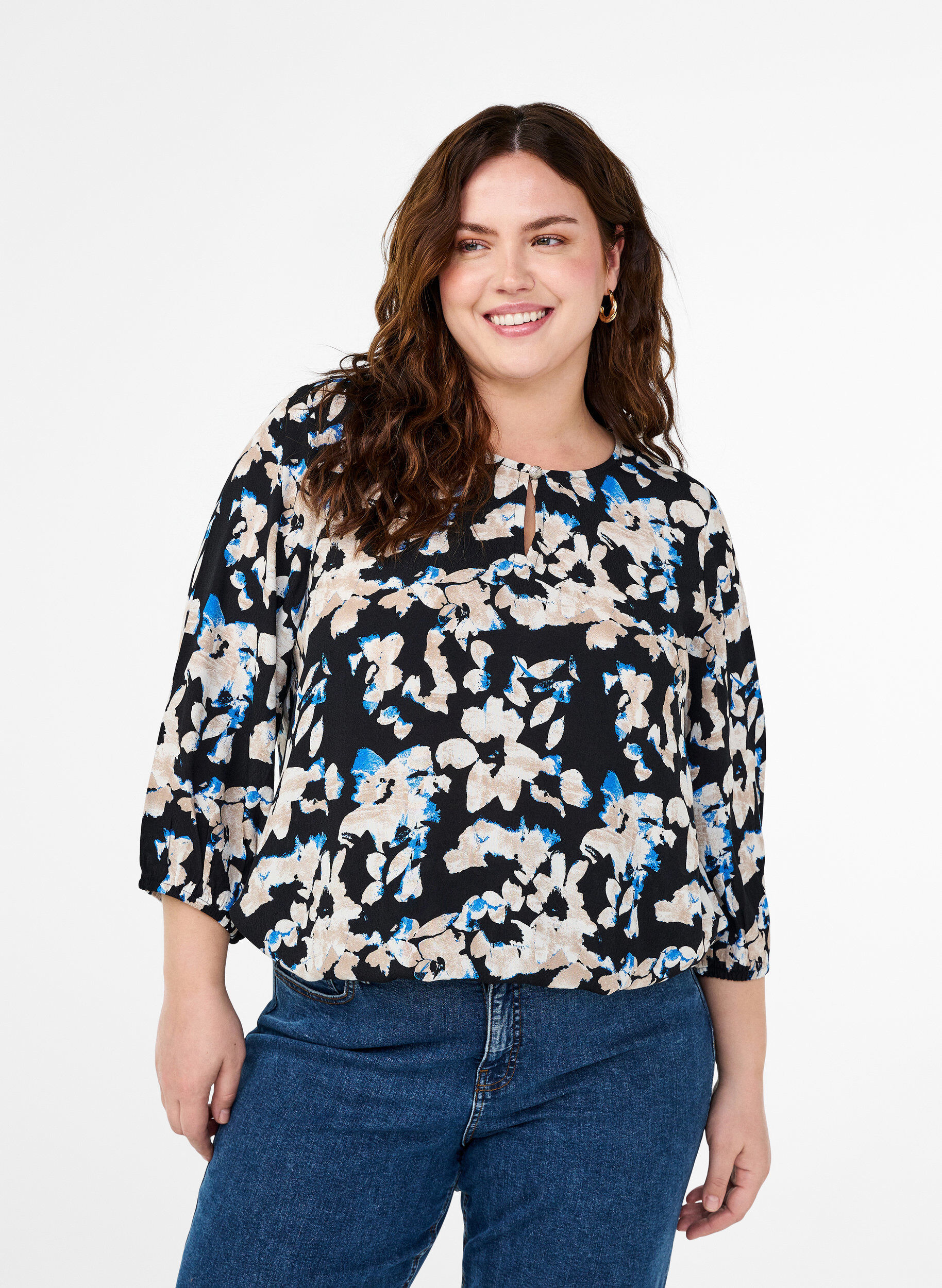 Zizzi  Viskosebluse mit Print und Kittel, Schwarz, Model image number 0