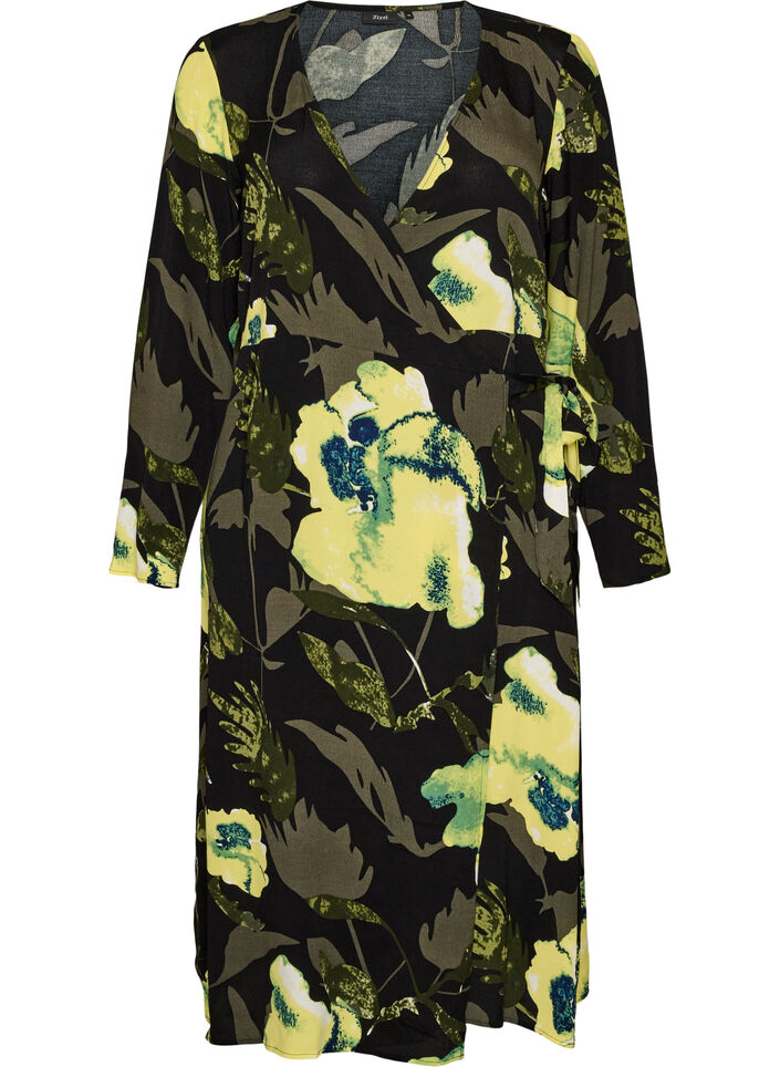 Gebl&uuml;mtes Wickelkleid aus Viskose mit Bindeg&uuml;rtel, Schwarz, Packshot image number 0