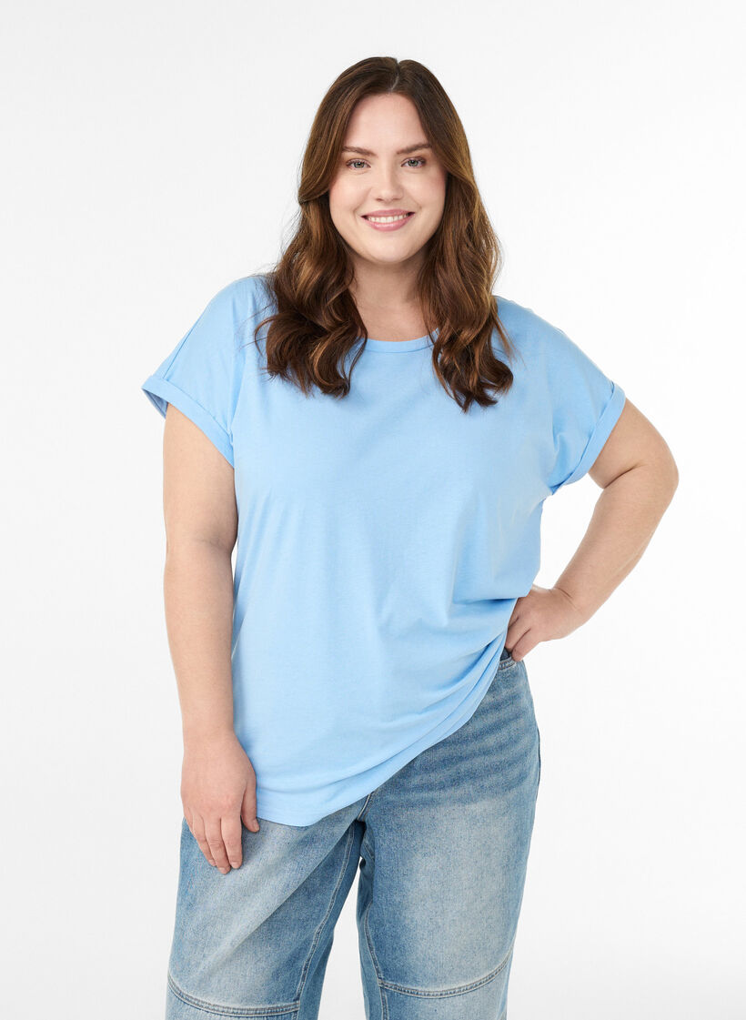 T-Shirt aus Baumwollmischung mit kurzen &Auml;rmeln, Blau, Model image number 0