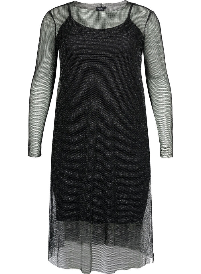 Netzkleid mit langen Ärmeln, Black w. Silver, Packshot image number 0